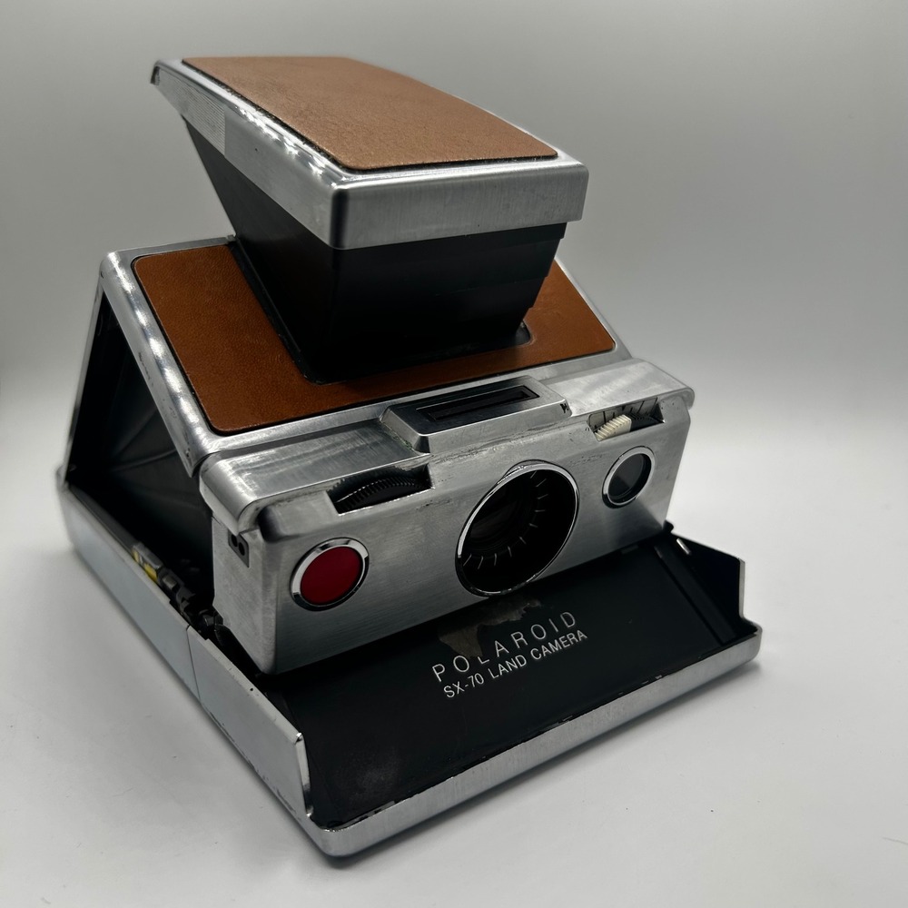 Vintage Polaroid SX-70 Land Camera Folding SLR Chrome Tan Leather with Case
